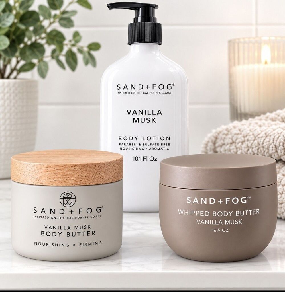 Sand + Fog Vanilla Musk Body Lotion & Body Butter 3 Pc Set 16.9 oz NEW